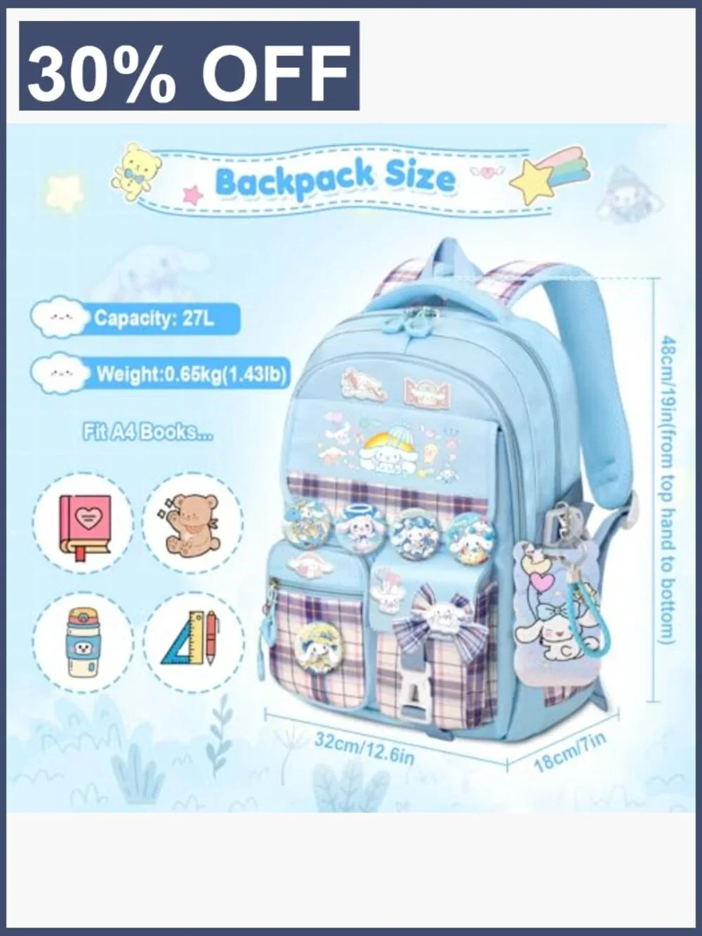 Kids Anti-Theft Backpack with 24 Accessories, Waterproof Nylon School Bag